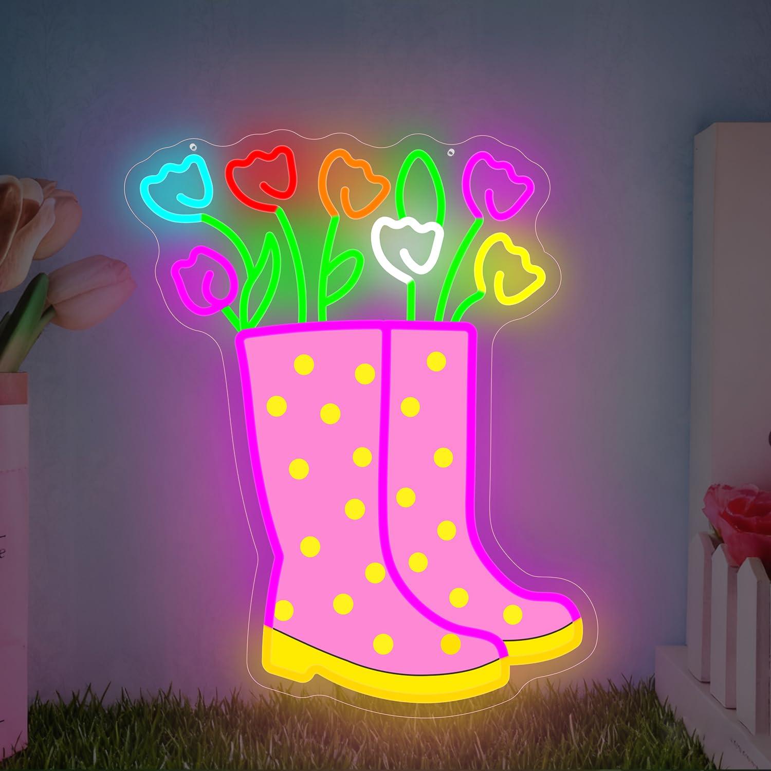 Boots - Spring Tulips Rain Boots Neon Sign