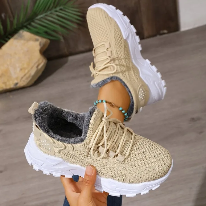 Women Winter Thermal Sneakers  - Knit Fabric Lace Up Sneakers 评论和价格